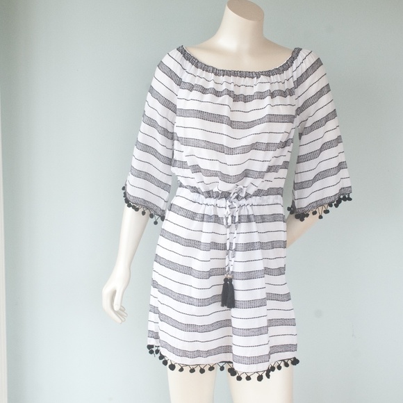 blue island Swim Nwt Blue Island Beach Black White Pom Pom Swim